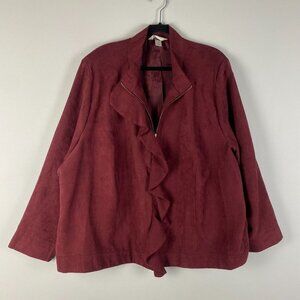 CJ Banks Jacket Womens 3X Burgundy Full Zip Ruffle Front Faux Suede